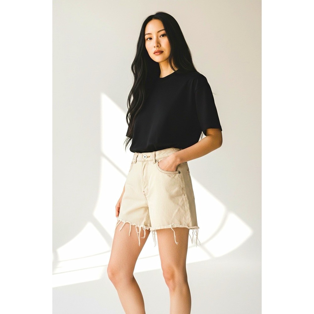 Zara Women's Beige Denim Cut Off Shorts Mid Rise 5-Pocket Button Size 4